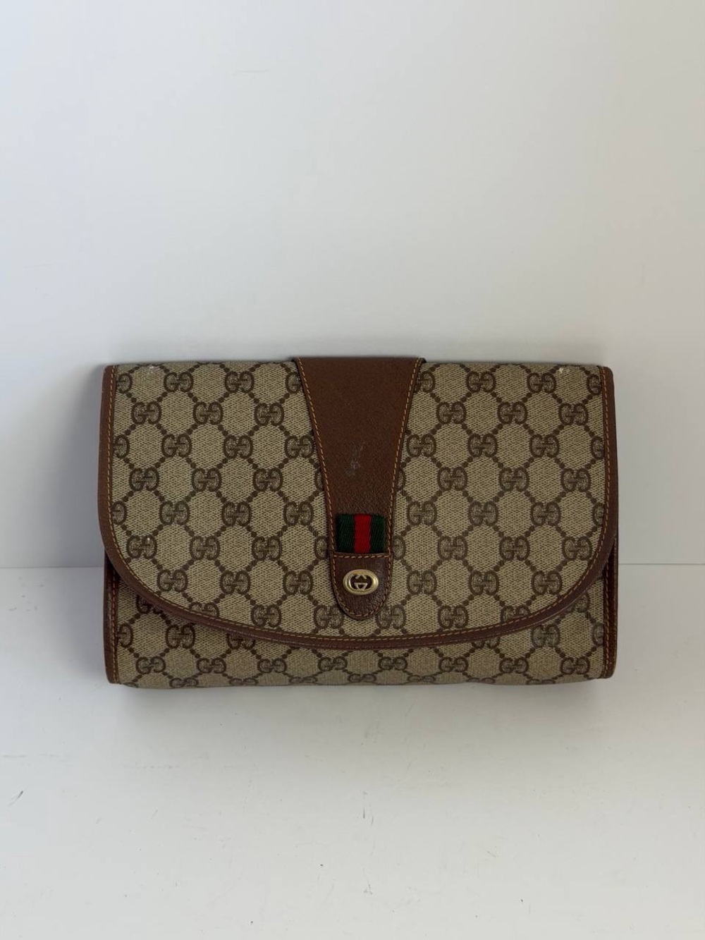 Vintage Gucci GG Supreme Web Sherry Line Clutch Bag Beige Canvas/Brown Leather